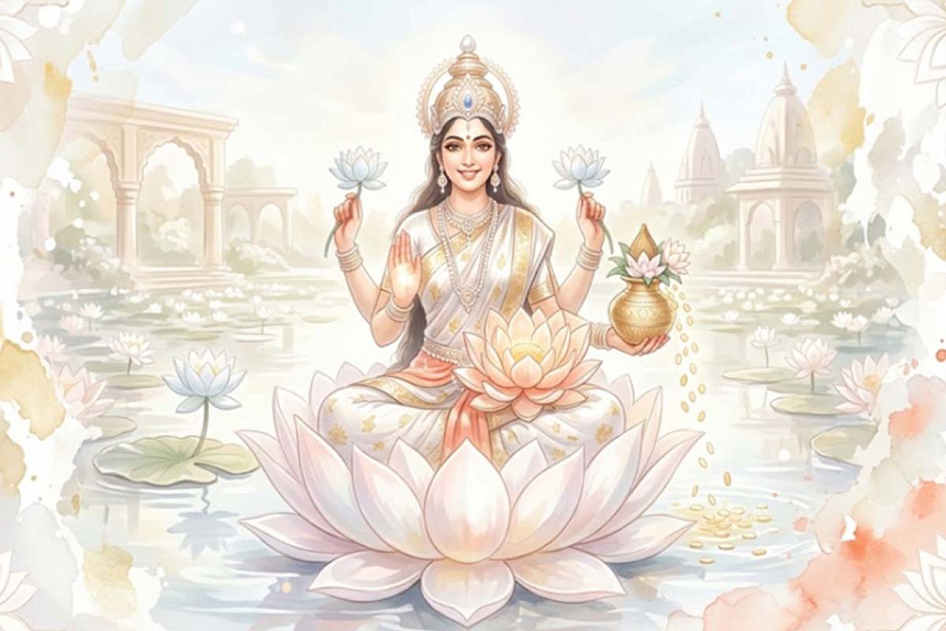 Watercolor illustration of Goddess Lakshmi seated on a lotus representing spiritual and material prosperity