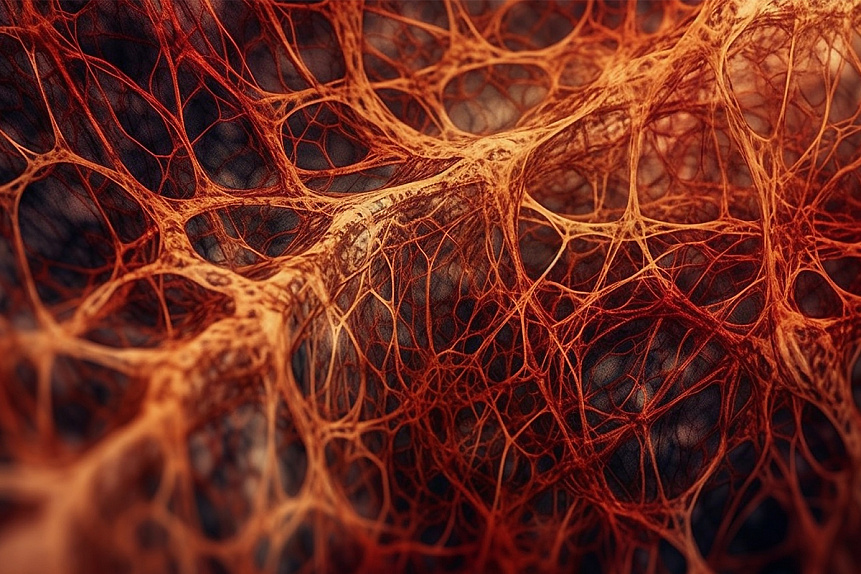 3D illustration of complex organic networks representing the deep structures of majja-dhatu.