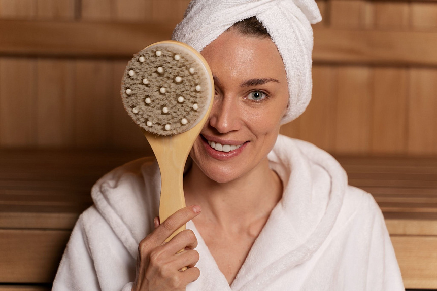 Photograph of a smiling woman holding a massage brush, introducing the Garshana dry massage practice.