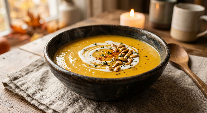 Photo of creamy pumpkin soup with coconut milk swirl demonstrating Vata pacifying autumn recipes.