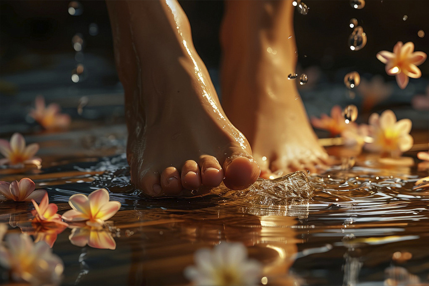 Photo of female feet resting in water with floating flowers for an article about Ayurvedic massage.