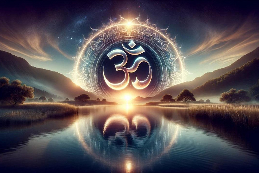 Digital art of a glowing Om symbol hovering above a mountain lake to visualize a mantra.