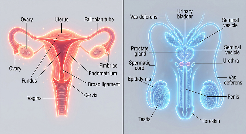 Minimalist abstract illustration symbolizing the energetic balance and creative potential of the human reproductive systems