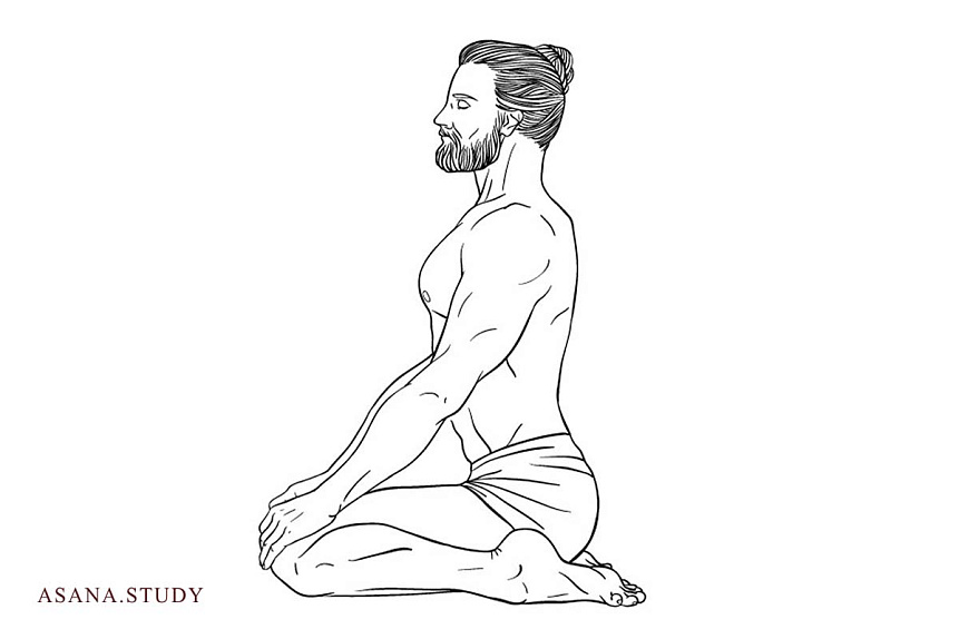 Line art illustration of a man in Virasana stretching the ankles and foot arches