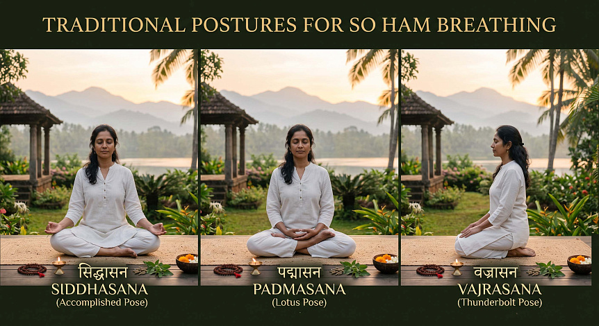 Photo collage of a meditating woman demonstrating three traditional postures for breath practice