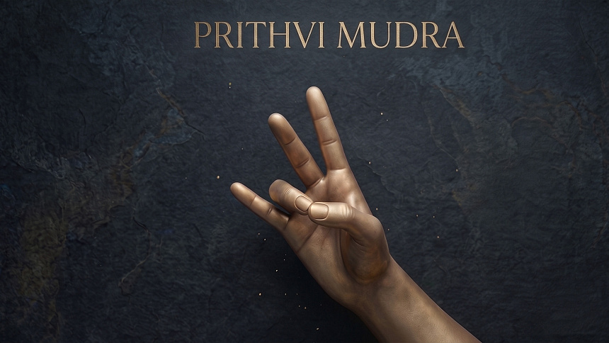 Photorealistic close-up of a bronze mudra hand against an engraved ancient temple wall signifying deep historical connection
