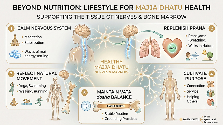Infographic of lifestyle habits illustrating visual steps for maintaining a balanced nervous system and majja-dhatu.