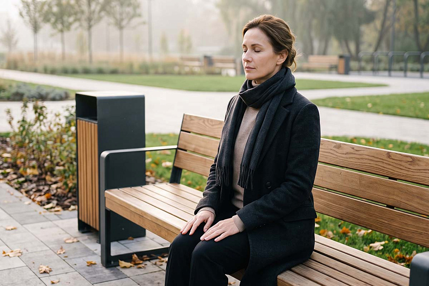 Peaceful natural shot of an elegant woman practicing quiet mindfulness on a park bench in the early morning.