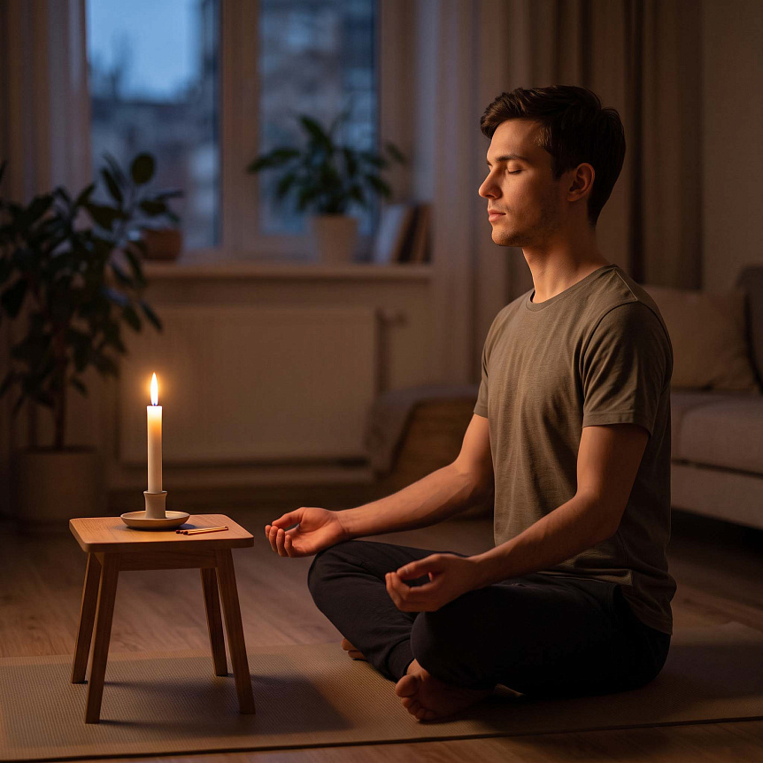 Photograph of a seated man meditating with closed eyes in front of a burning candle during internal trataka.