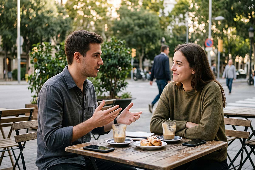 Natural, candid photograph of a man and a woman conversing at an outdoor cafe table.