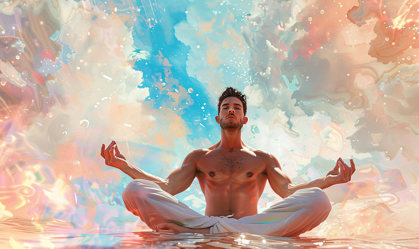 Photo of a man meditating in lotus position surrounded by colorful abstract clouds representing mental mastery and preserved vitality