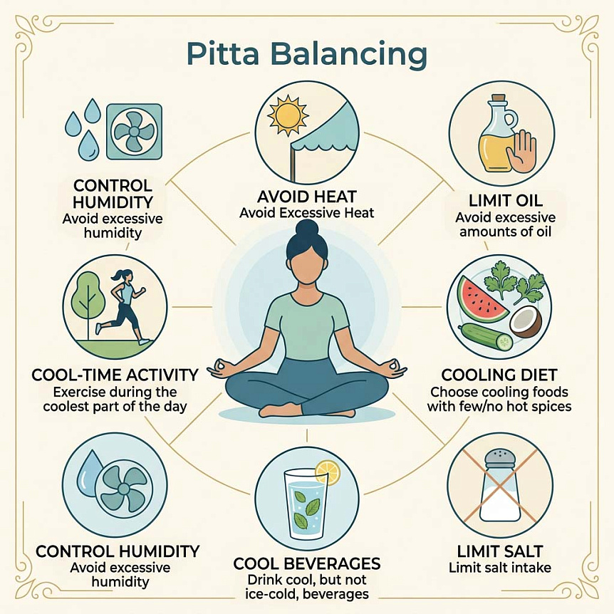Infographic with six practical recommendations for balancing Pitta dosha through lifestyle and diet.