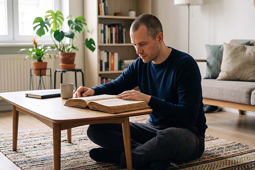 Handheld shot of a man sitting cross-legged on a living room rug, absorbed in studying an old book on a low table.